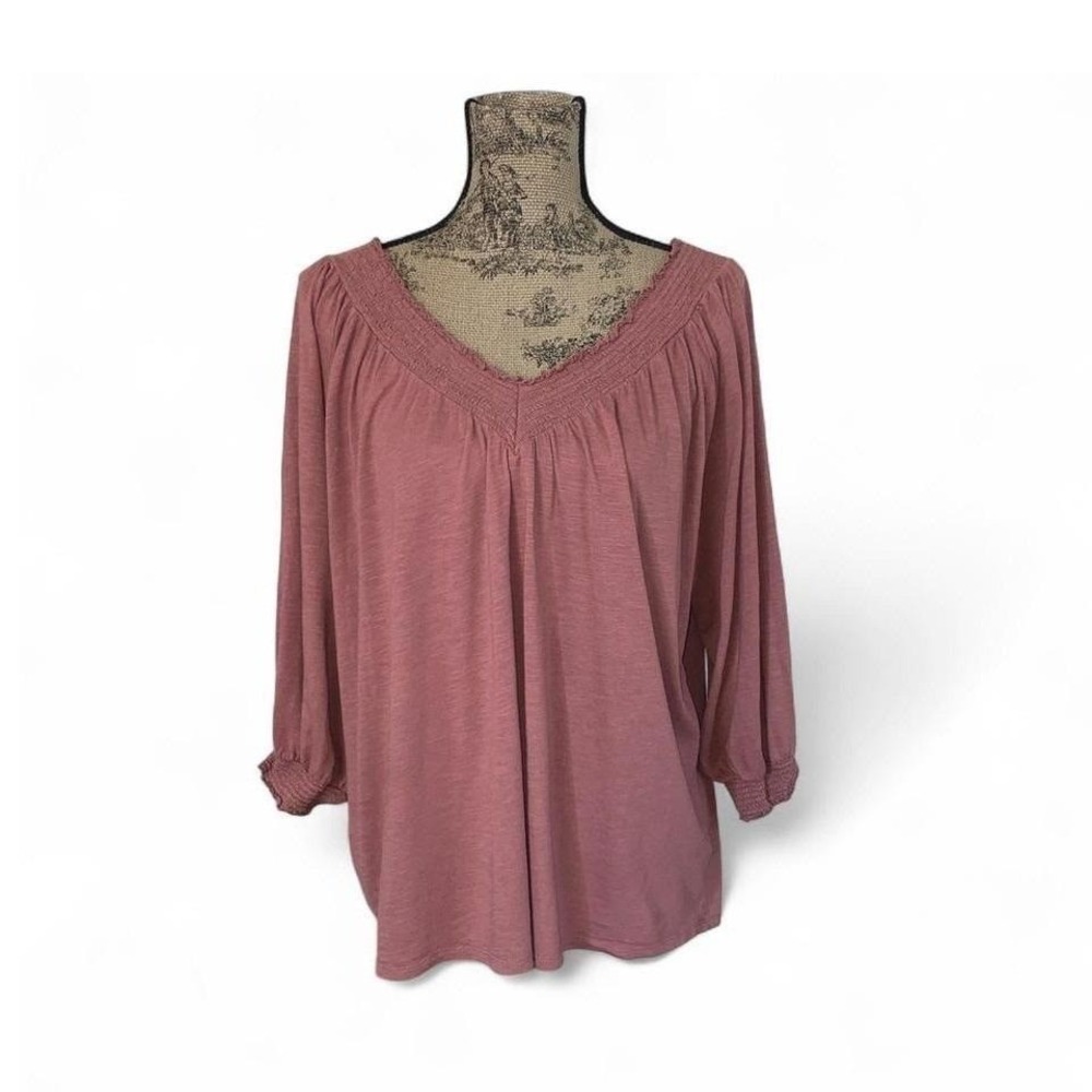 Maurices Rose Pink Smocked V-Neck Peasant Blouse 3/4 Sleeve Boho Flowy XXL